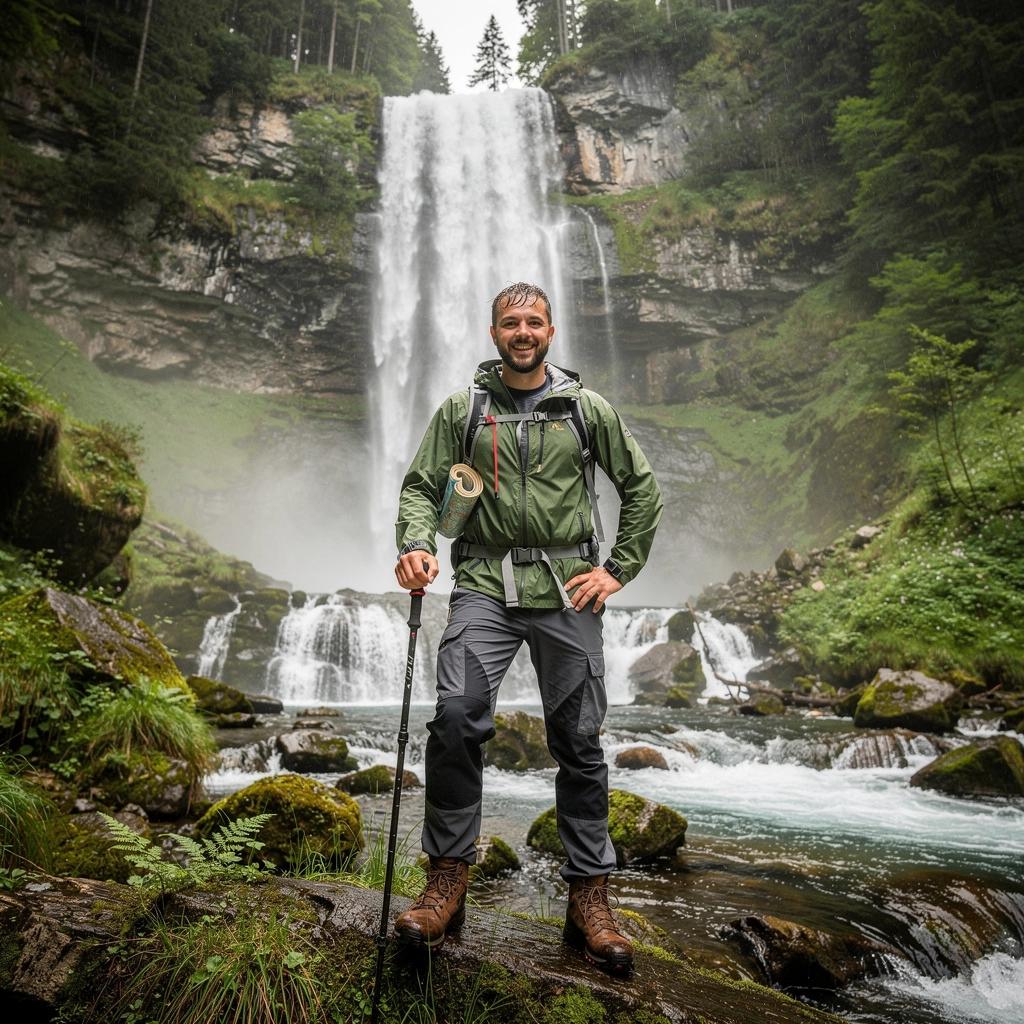 A hiker pausing to admire the serene beauty of a forest stream flowing over smooth rocks.